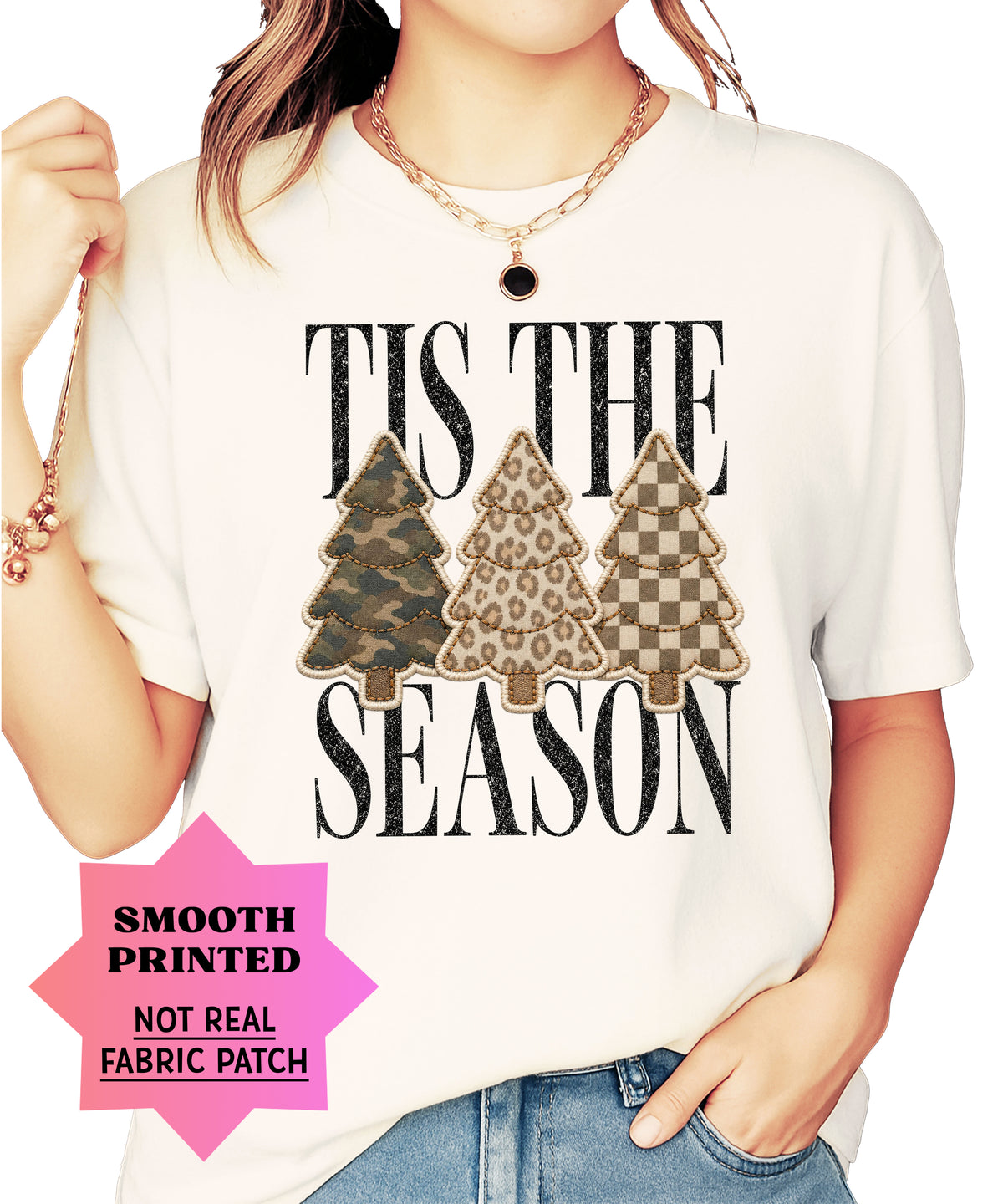 Tis the Season Christmas tree tee in ivory, camo leopard and checkered faux patch trees, Comfort Colors, photo 4