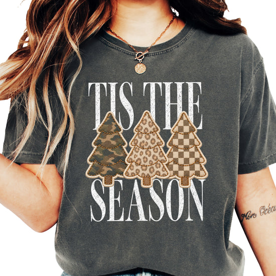 Tis the Season Christmas tree tee in pepper, camo leopard and checkered faux patch trees, Comfort Colors, front view