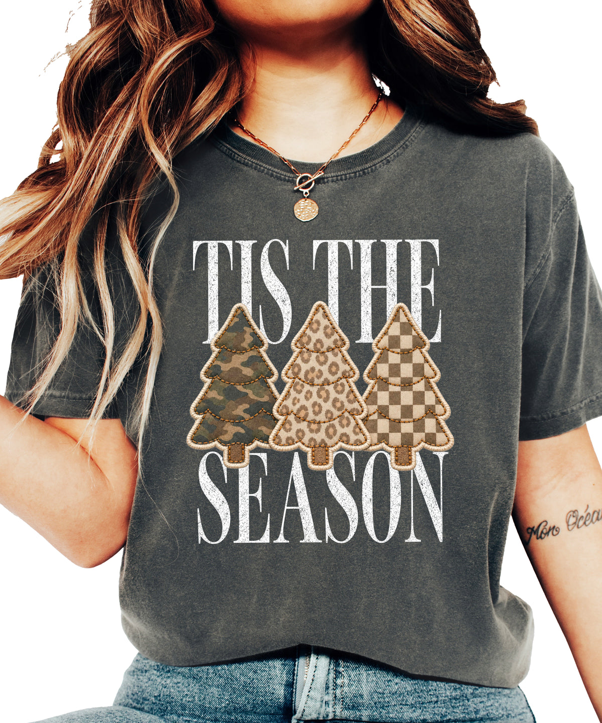 Tis the Season Christmas tree tee in pepper, camo leopard and checkered faux patch trees, Comfort Colors, front view