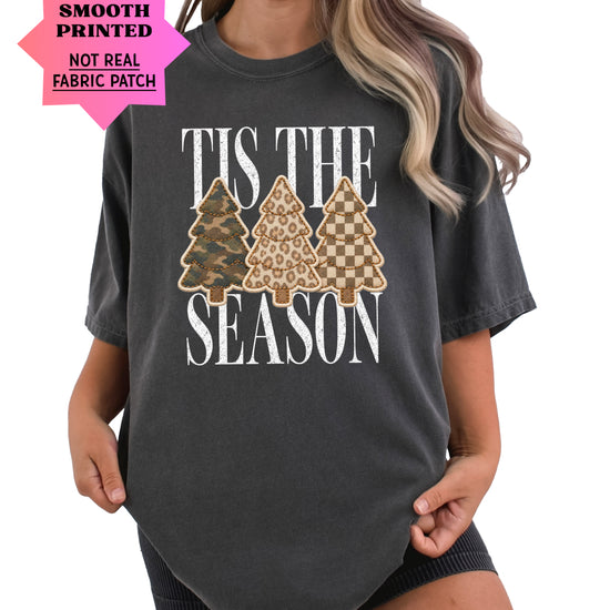 Tis the Season Christmas tree tee in pepper, camo leopard and checkered faux patch trees, Comfort Colors, photo 2