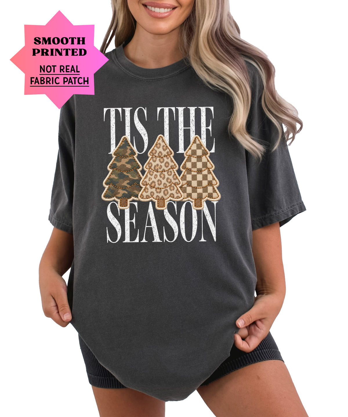 Tis the Season Christmas tree tee in pepper, camo leopard and checkered faux patch trees, Comfort Colors, photo 2