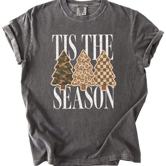 Tis the Season Christmas tree tee in pepper, camo leopard and checkered faux patch trees, Comfort Colors, photo 3