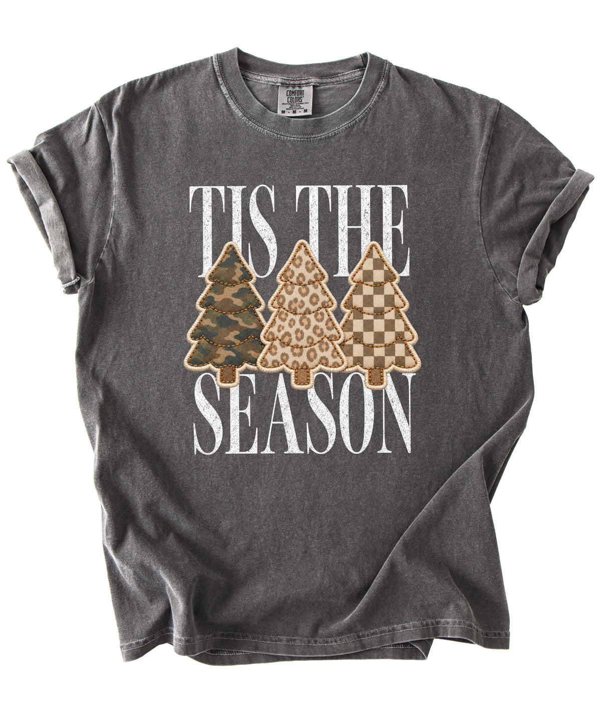 Tis the Season Christmas tree tee in pepper, camo leopard and checkered faux patch trees, Comfort Colors, photo 3