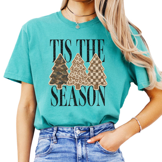 Tis the Season Christmas tree tee in seafoam, camo leopard and checkered faux patch trees, Comfort Colors, front view