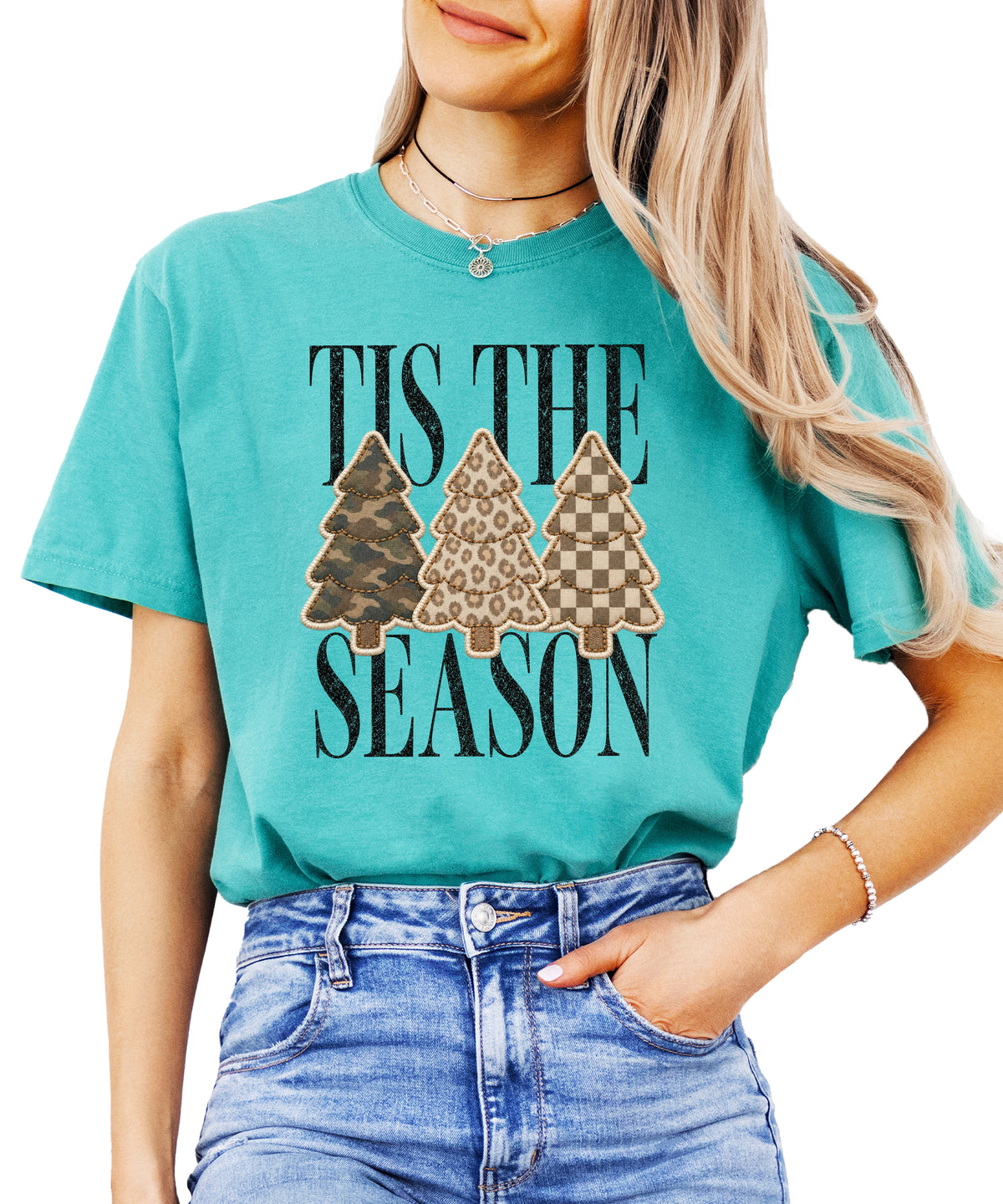 Tis the Season Christmas tree tee in seafoam, camo leopard and checkered faux patch trees, Comfort Colors, front view