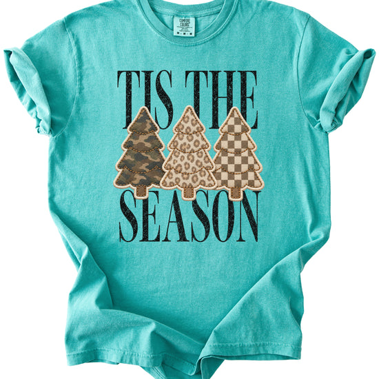 Tis the Season Christmas tree tee in seafoam, camo leopard and checkered faux patch trees, Comfort Colors, photo 3