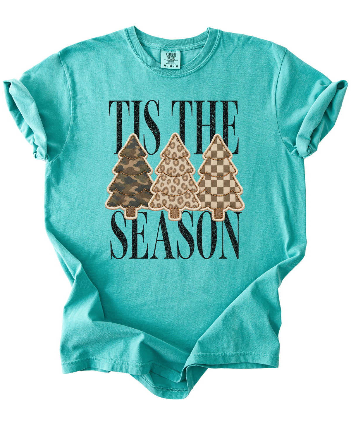 Tis the Season Christmas tree tee in seafoam, camo leopard and checkered faux patch trees, Comfort Colors, photo 3