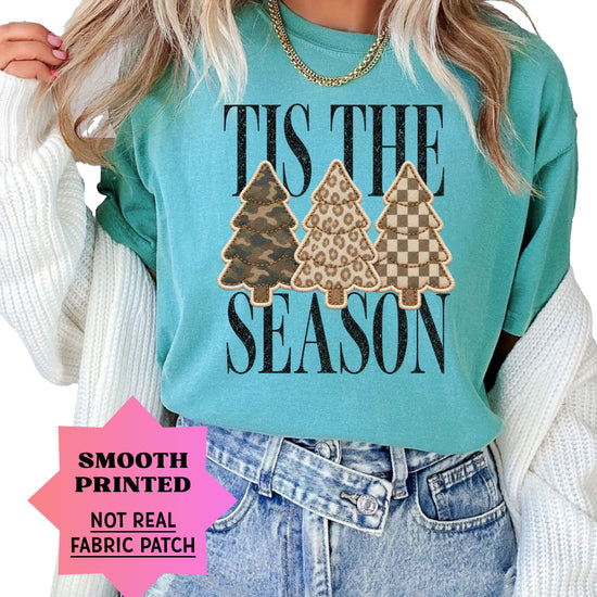 Tis the Season Christmas tree tee in seafoam, camo leopard and checkered faux patch trees, Comfort Colors, photo 4