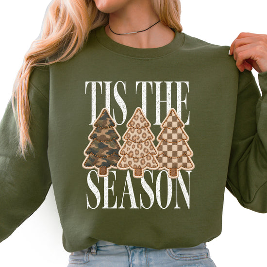Tis the Season Christmas tree sweatshirt for women in Army Green with faux patch camo, leopard and checkered trees