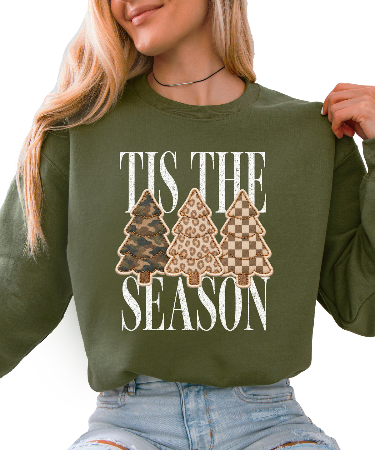Tis the Season Christmas tree sweatshirt for women in Army Green with faux patch camo, leopard and checkered trees