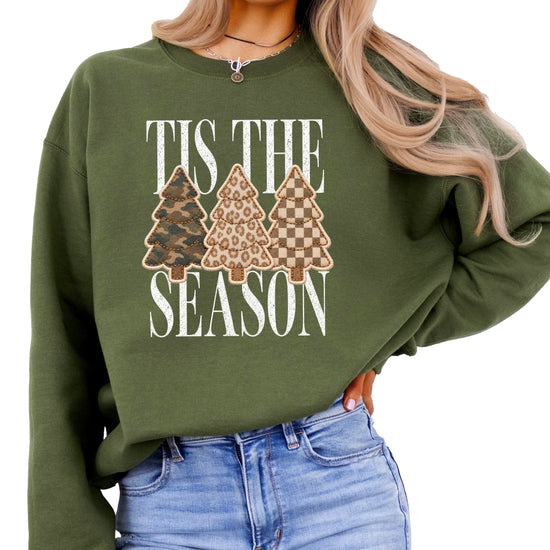 Tis the Season Christmas tree sweatshirt for women in Army Green with faux patch camo, leopard and checkered trees