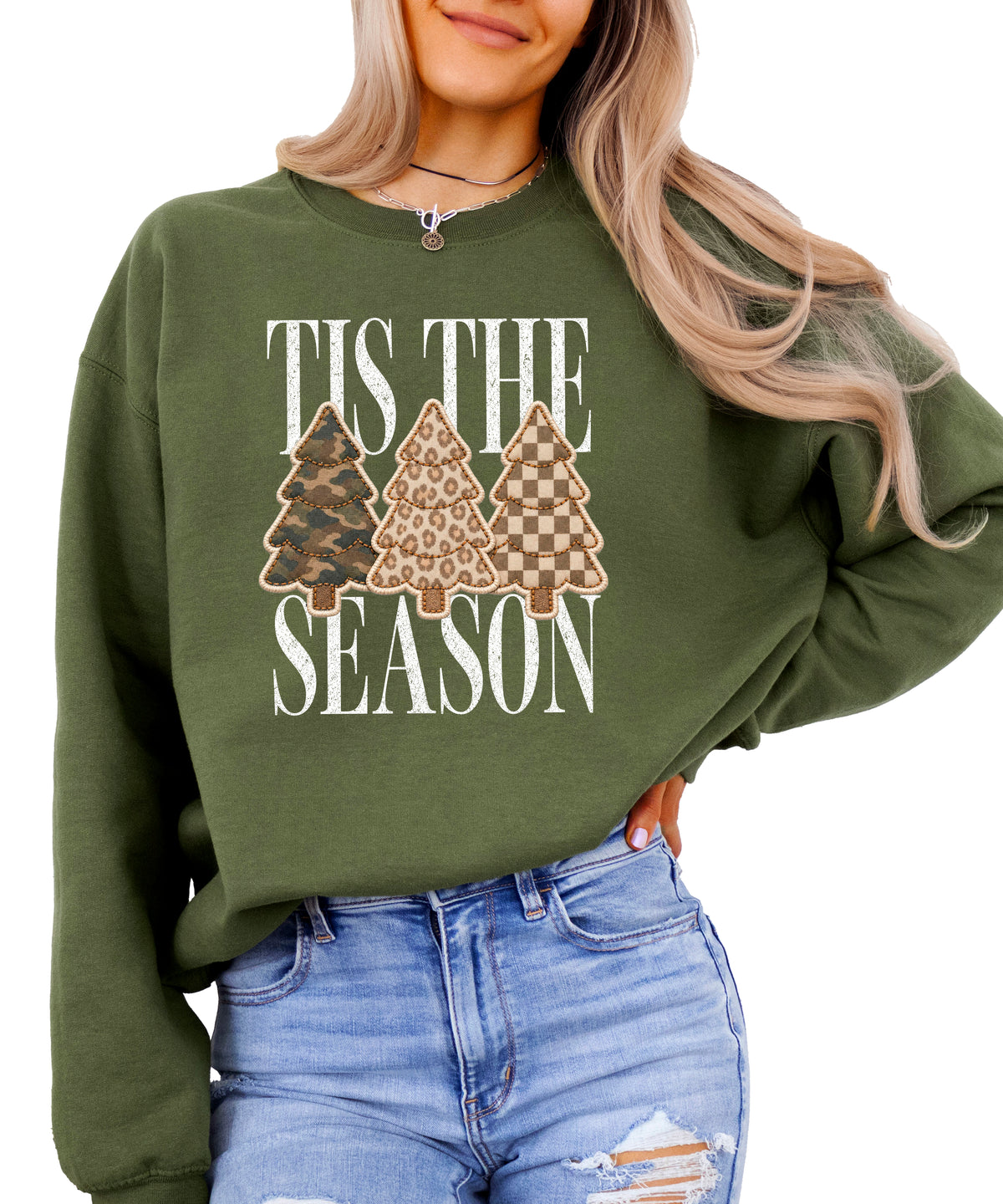 Tis the Season Christmas tree sweatshirt for women in Army Green with faux patch camo, leopard and checkered trees