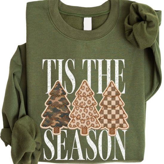 Tis the Season Christmas tree sweatshirt for women in Army Green with faux patch camo, leopard and checkered trees