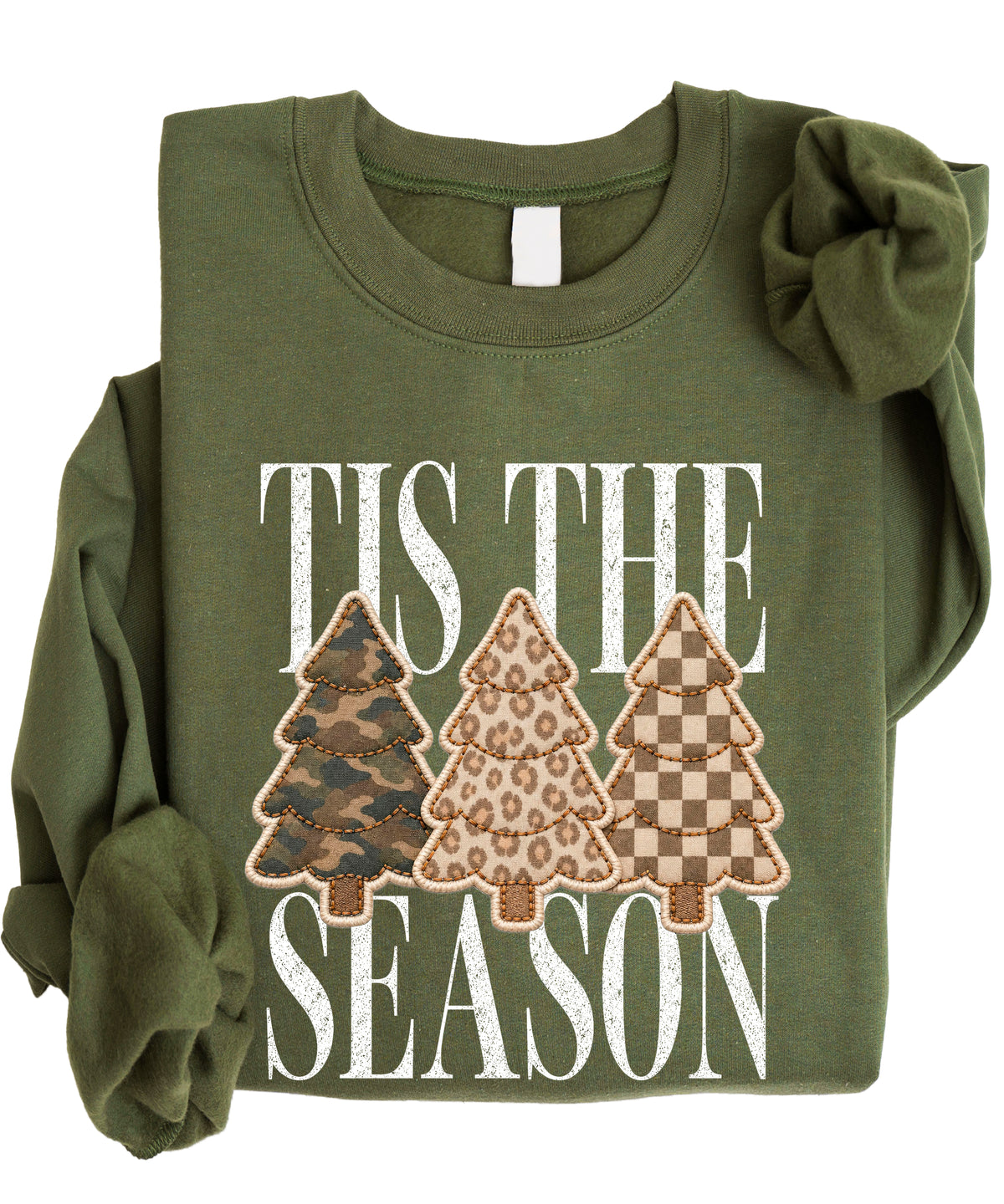 Tis the Season Christmas tree sweatshirt for women in Army Green with faux patch camo, leopard and checkered trees