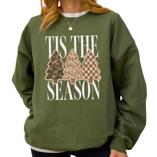 Tis the Season Christmas tree sweatshirt for women in Army Green with faux patch camo, leopard and checkered trees