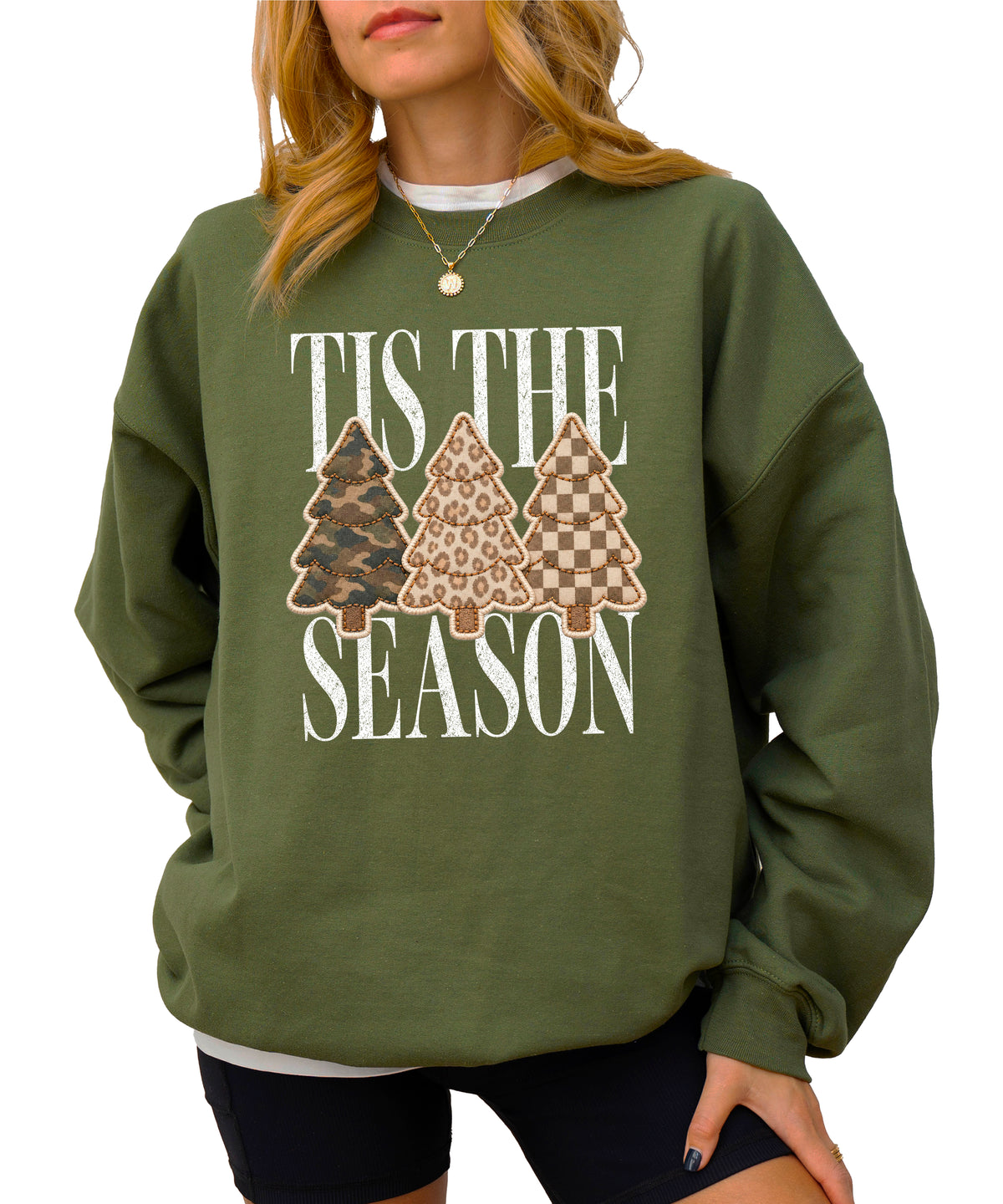 Tis the Season Christmas tree sweatshirt for women in Army Green with faux patch camo, leopard and checkered trees