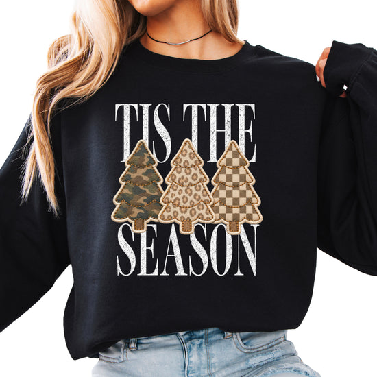 Tis the Season Christmas tree sweatshirt for women in Black with faux patch camo, leopard and checkered trees