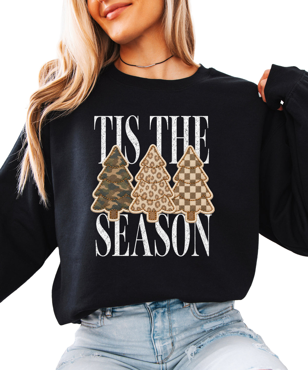Tis the Season Christmas tree sweatshirt for women in Black with faux patch camo, leopard and checkered trees
