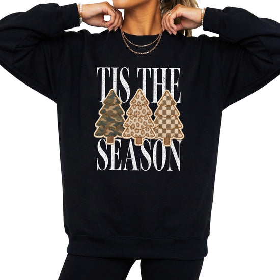 Tis the Season Christmas tree sweatshirt for women in Black with faux patch camo, leopard and checkered trees