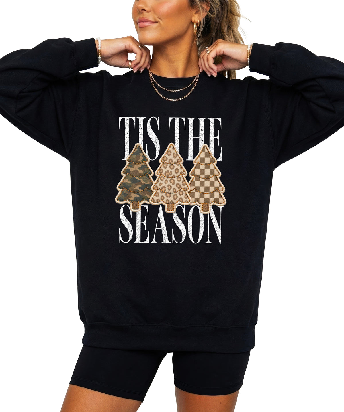 Tis the Season Christmas tree sweatshirt for women in Black with faux patch camo, leopard and checkered trees