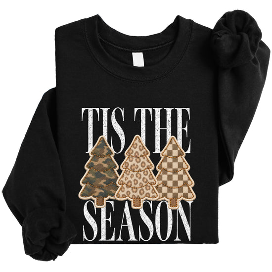 Tis the Season Christmas tree sweatshirt for women in Black with faux patch camo, leopard and checkered trees