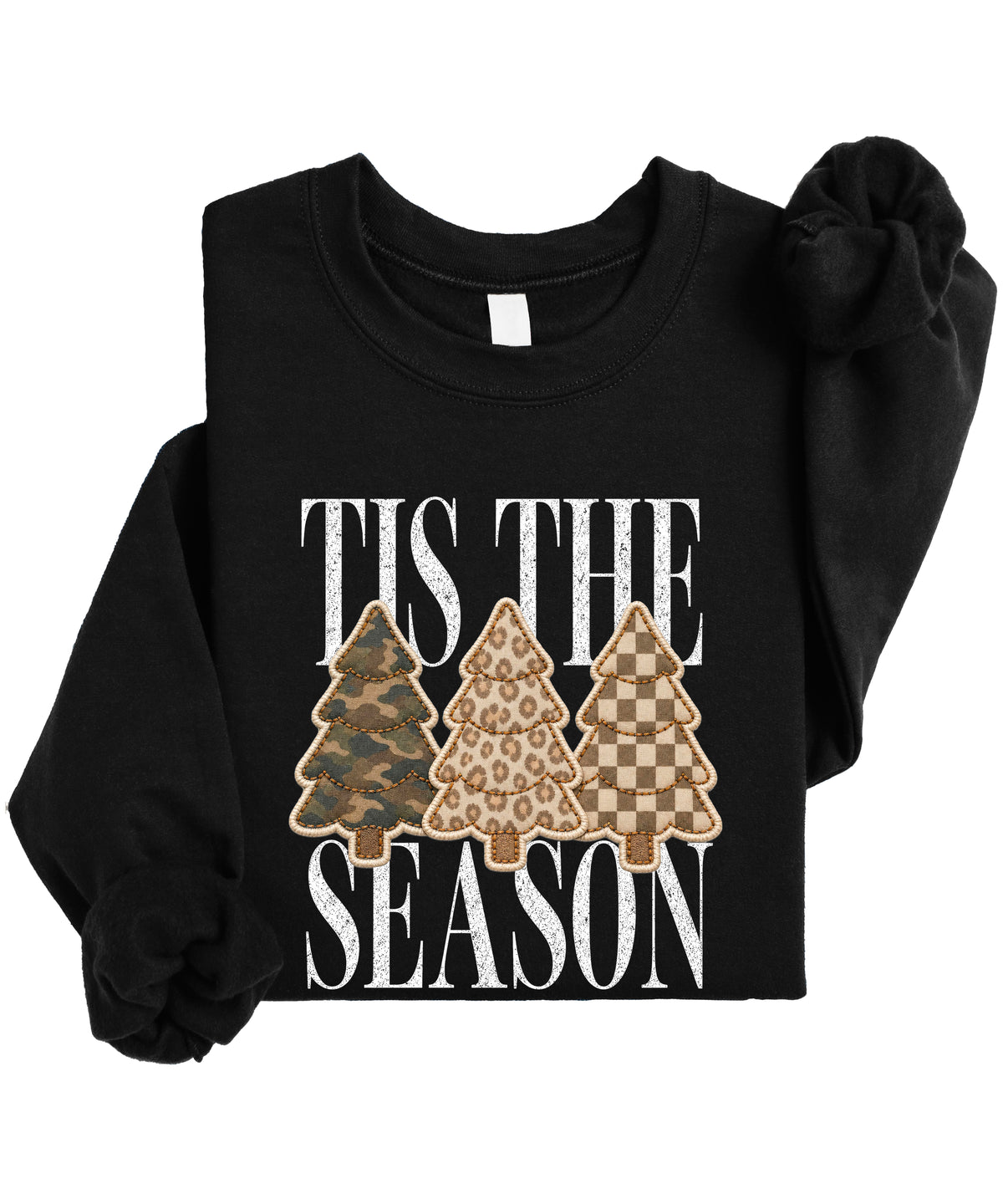 Tis the Season Christmas tree sweatshirt for women in Black with faux patch camo, leopard and checkered trees