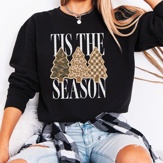 Tis the Season Christmas tree sweatshirt for women in Black with faux patch camo, leopard and checkered trees