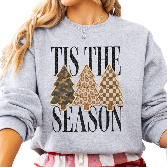 Tis the Season Christmas tree sweatshirt for women in Gray with faux patch camo, leopard and checkered trees