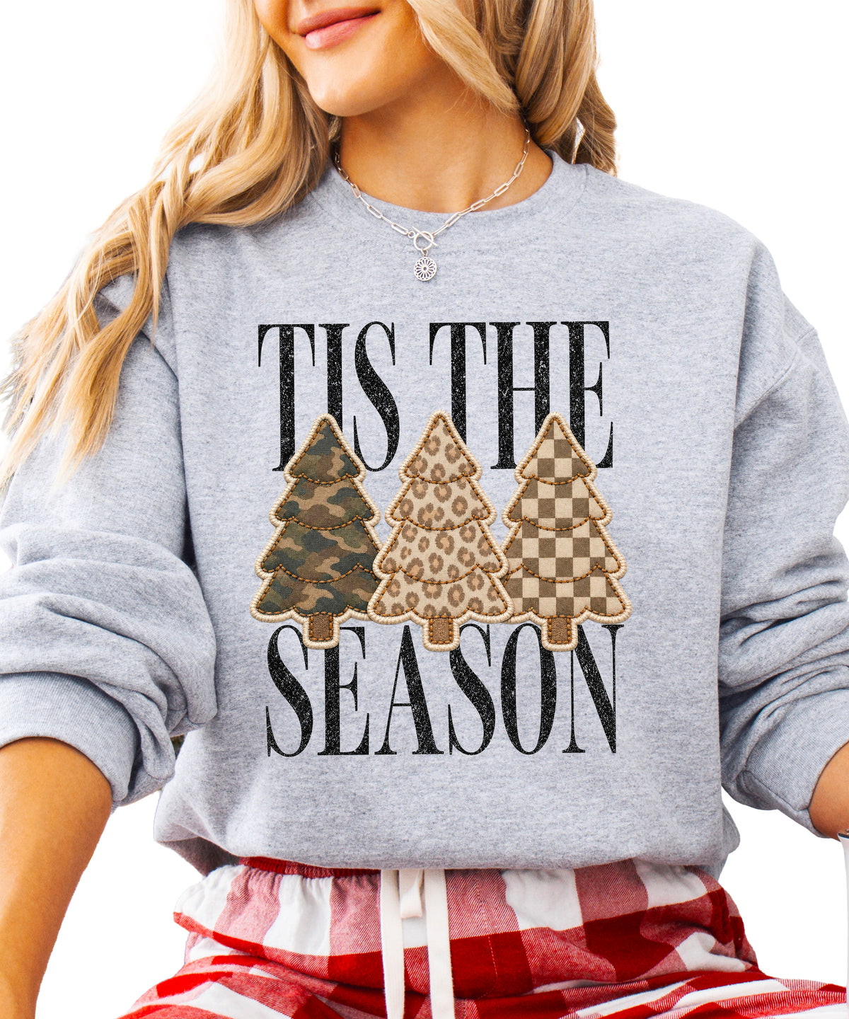 Tis the Season Christmas tree sweatshirt for women in Gray with faux patch camo, leopard and checkered trees