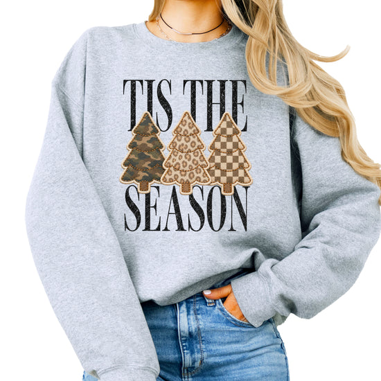 Tis the Season Christmas tree sweatshirt for women in Gray with faux patch camo, leopard and checkered trees