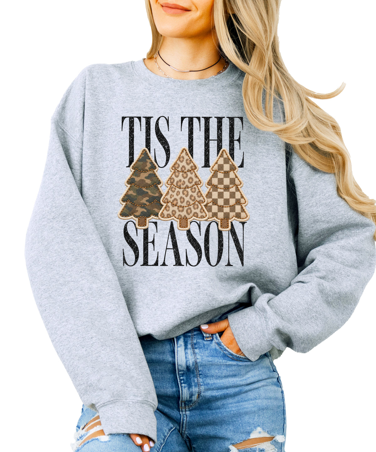 Tis the Season Christmas tree sweatshirt for women in Gray with faux patch camo, leopard and checkered trees