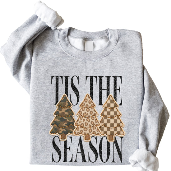 Tis the Season Christmas tree sweatshirt for women in Gray with faux patch camo, leopard and checkered trees