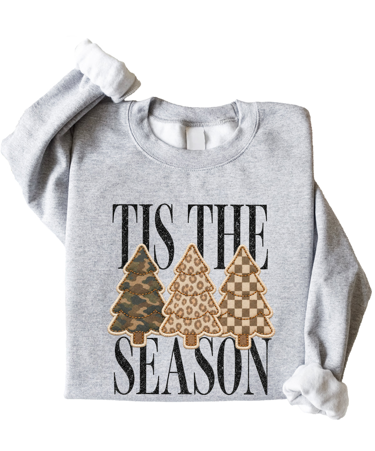 Tis the Season Christmas tree sweatshirt for women in Gray with faux patch camo, leopard and checkered trees