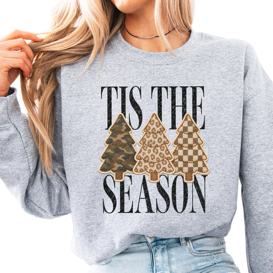 Tis the Season Christmas tree sweatshirt for women in Gray with faux patch camo, leopard and checkered trees