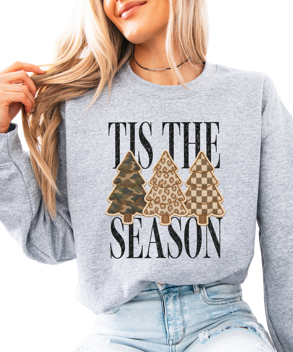 Tis the Season Christmas tree sweatshirt for women in Gray with faux patch camo, leopard and checkered trees