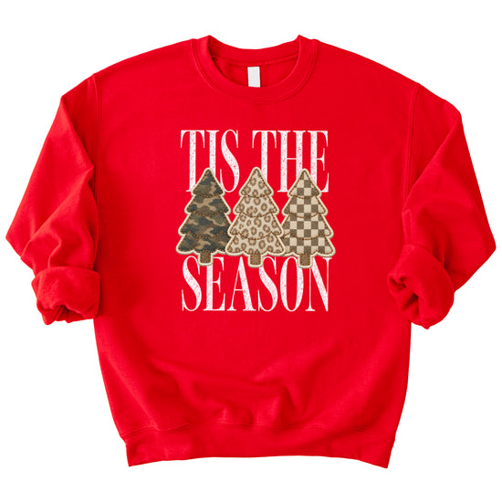 Tis the Season Christmas tree sweatshirt for women in Red with faux patch camo, leopard and checkered trees