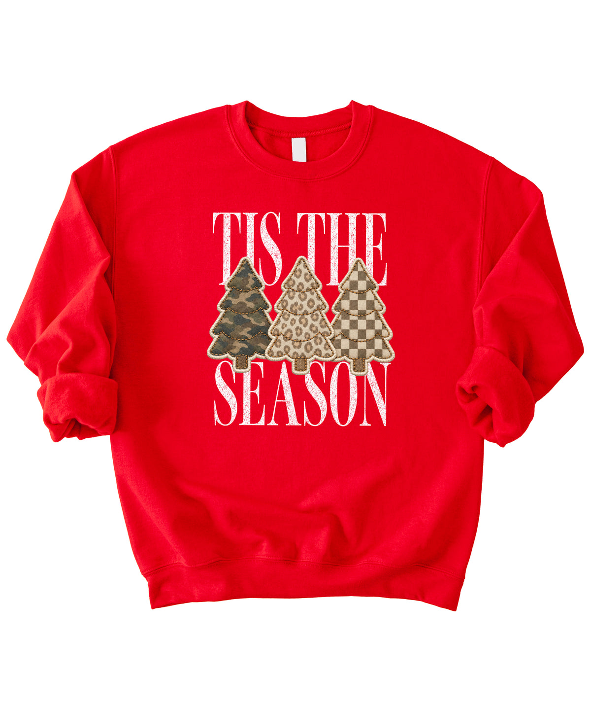 Tis the Season Christmas tree sweatshirt for women in Red with faux patch camo, leopard and checkered trees