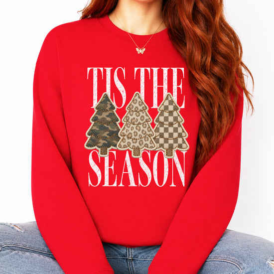 Tis the Season Christmas tree sweatshirt for women in Red with faux patch camo, leopard and checkered trees