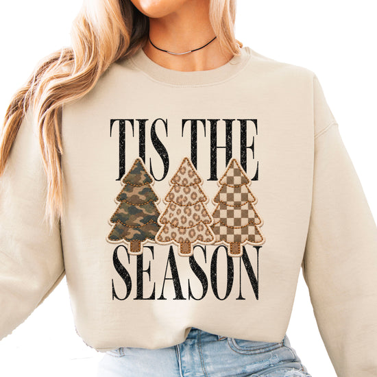 Tis the Season Christmas tree sweatshirt for women in Sand with faux patch camo, leopard and checkered trees