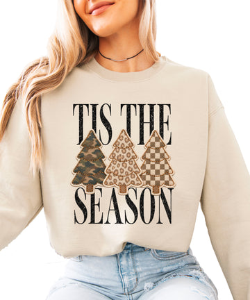 Tis the Season Christmas tree sweatshirt for women in Sand with faux patch camo, leopard and checkered trees