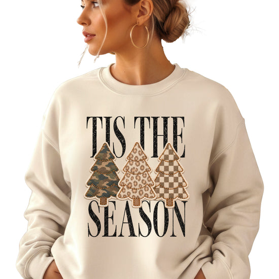 Tis the Season Christmas tree sweatshirt for women in Sand with faux patch camo, leopard and checkered trees