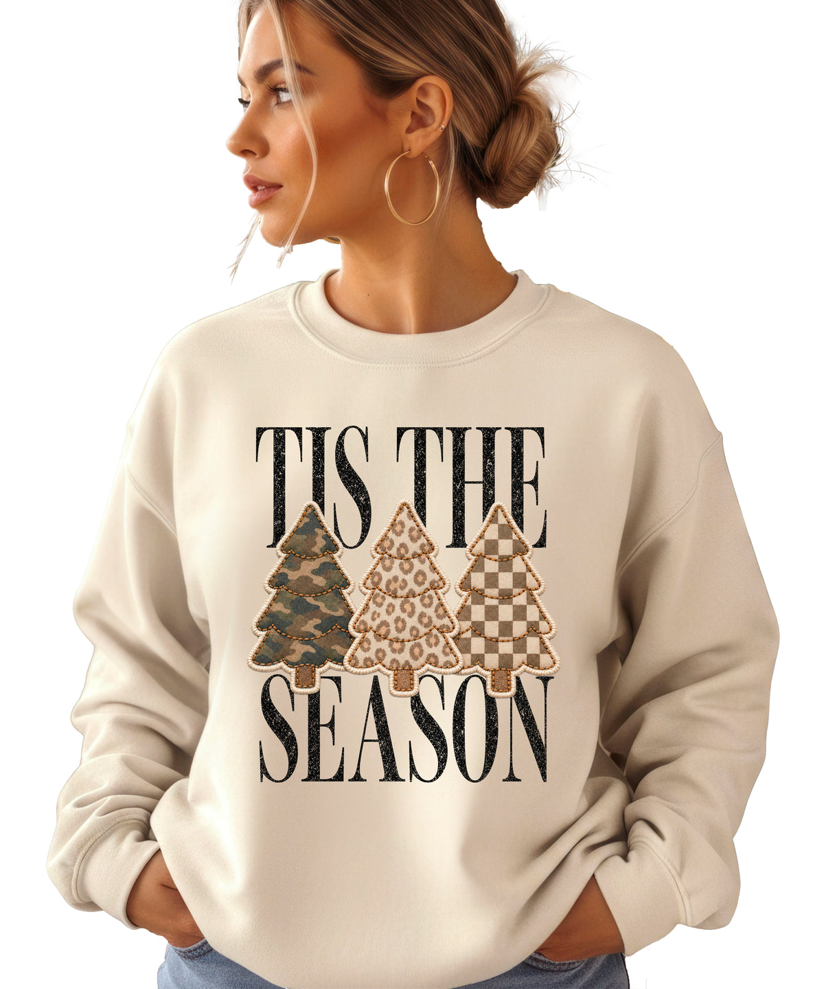 Tis the Season Christmas tree sweatshirt for women in Sand with faux patch camo, leopard and checkered trees