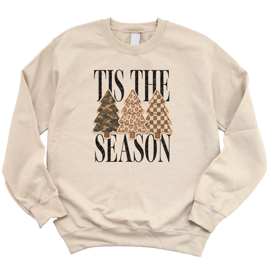 Tis the Season Christmas tree sweatshirt for women in Sand with faux patch camo, leopard and checkered trees