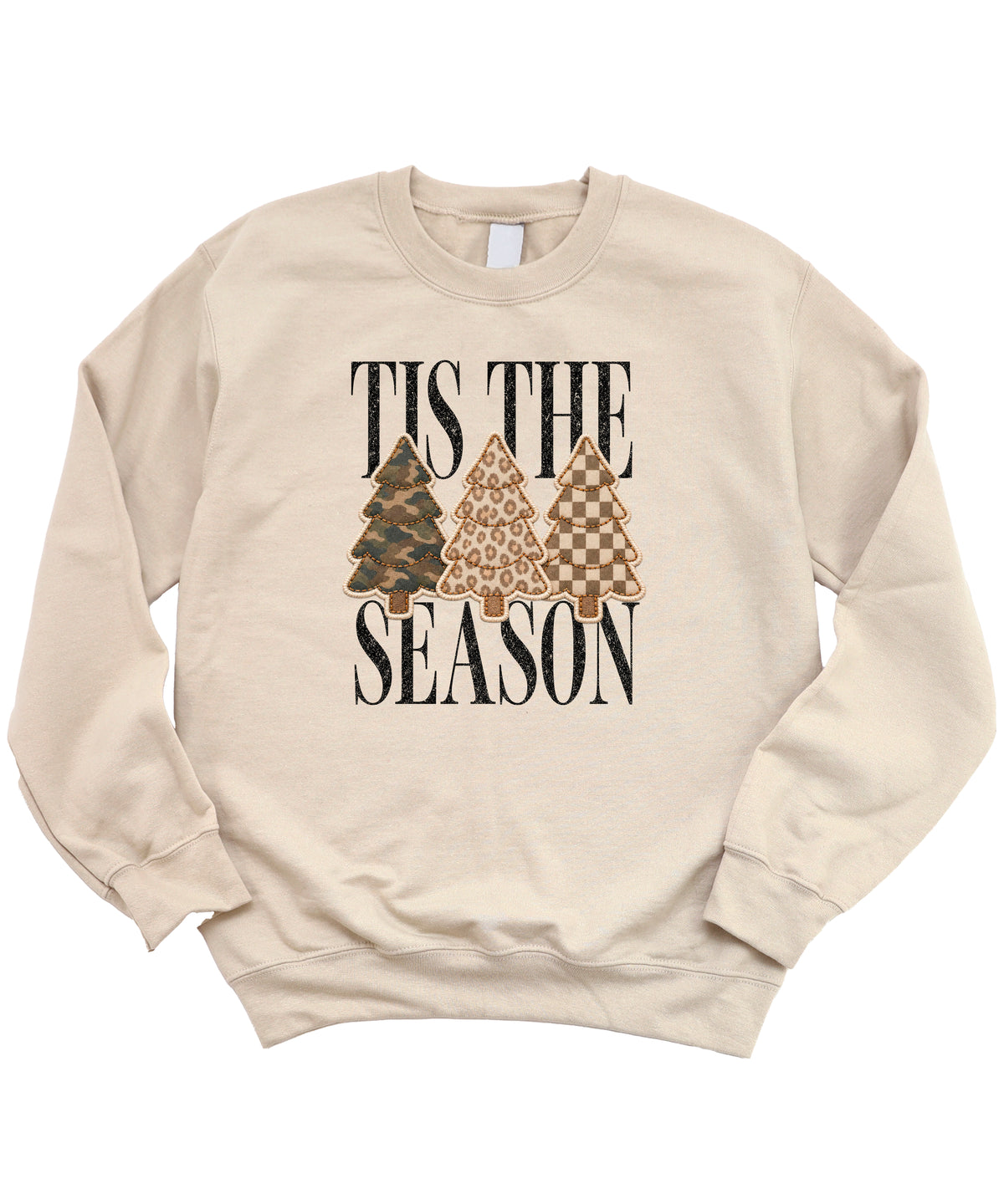 Tis the Season Christmas tree sweatshirt for women in Sand with faux patch camo, leopard and checkered trees