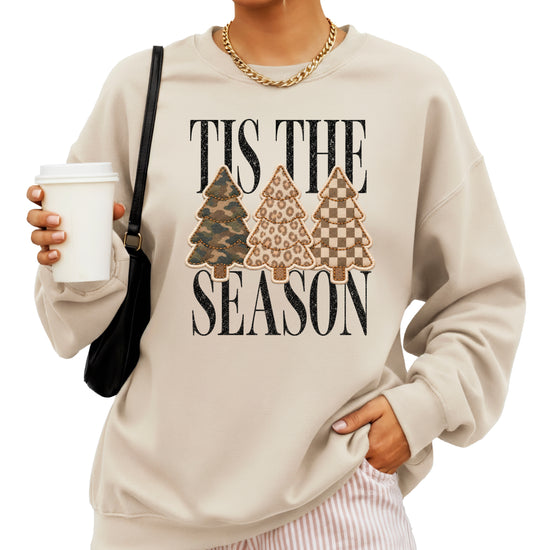 Tis the Season Christmas tree sweatshirt for women in Sand with faux patch camo, leopard and checkered trees