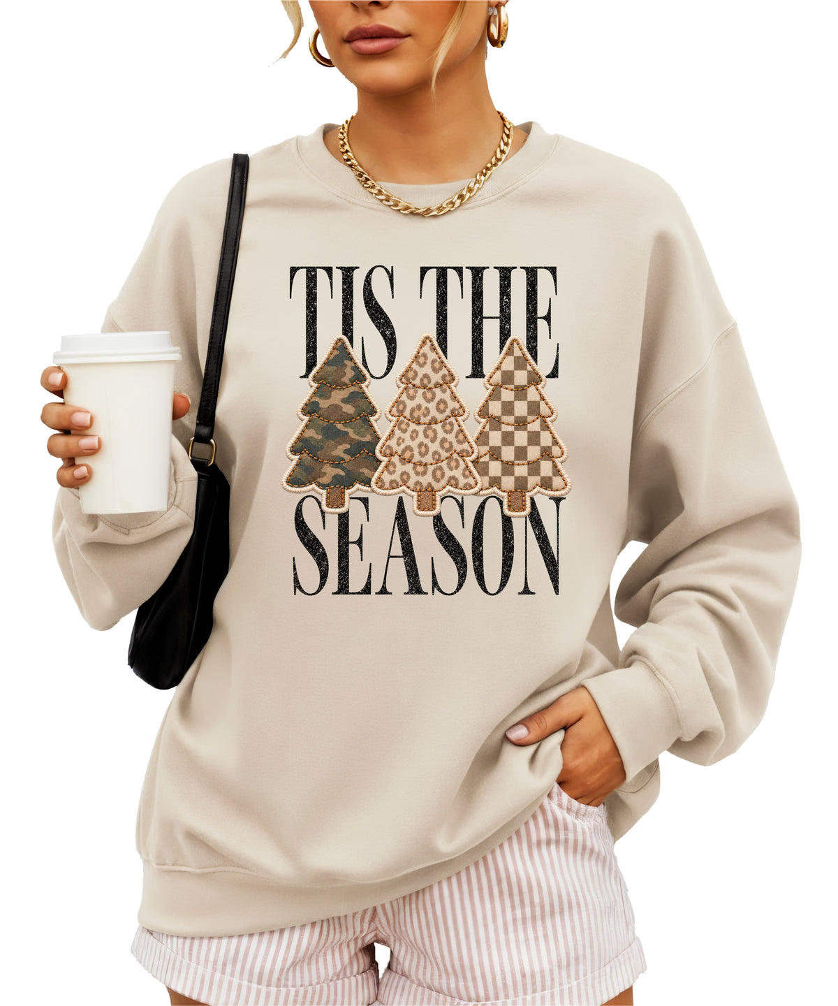 Tis the Season Christmas tree sweatshirt for women in Sand with faux patch camo, leopard and checkered trees