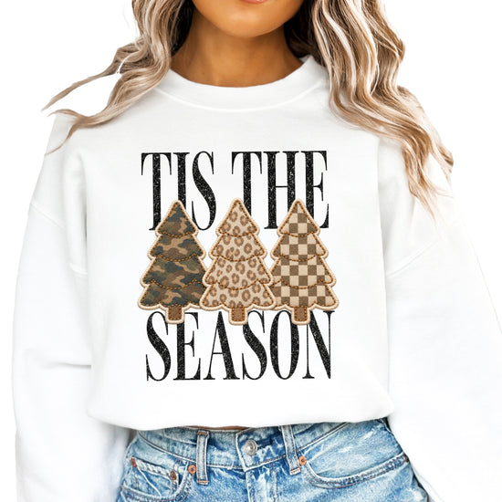 Tis the Season Christmas tree sweatshirt for women in White with faux patch camo, leopard and checkered trees