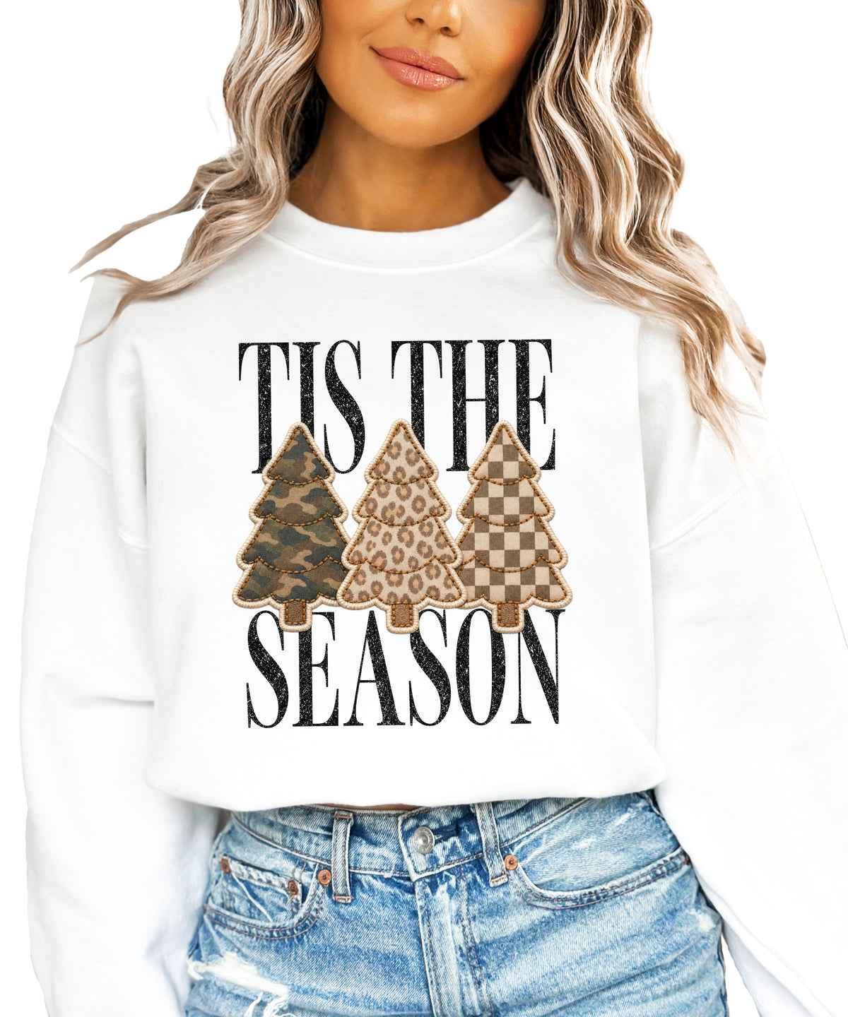Tis the Season Christmas tree sweatshirt for women in White with faux patch camo, leopard and checkered trees