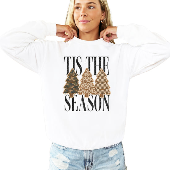 Tis the Season Christmas tree sweatshirt for women in White with faux patch camo, leopard and checkered trees