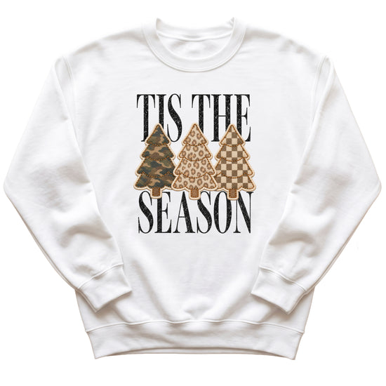Tis the Season Christmas tree sweatshirt for women in White with faux patch camo, leopard and checkered trees